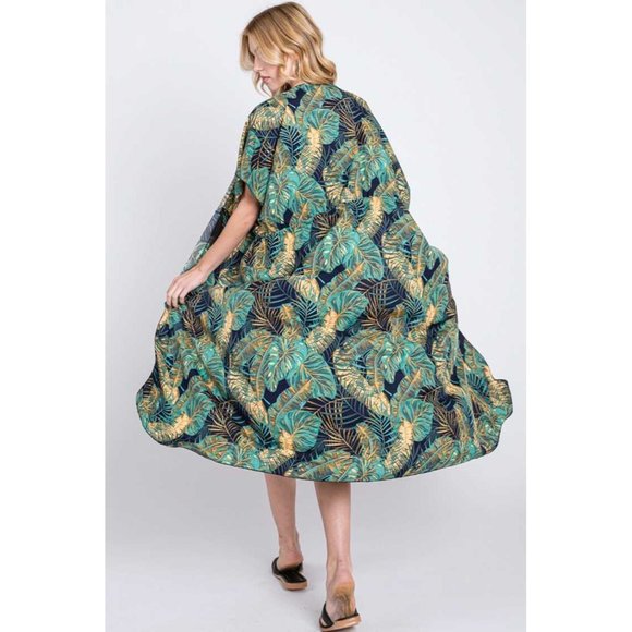 DIONA J TROPICAL PRINT LONG KIMONO DUSTER CARDIGAN COLOR WHITE - Picture 2 of 3